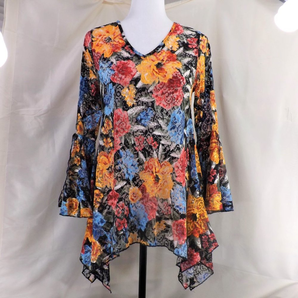 NWOT Dor Dor Couture Bursting Colors Huge Bell Cuffs w Flaring Skirt Tunic Top S - Picture 4 of 16